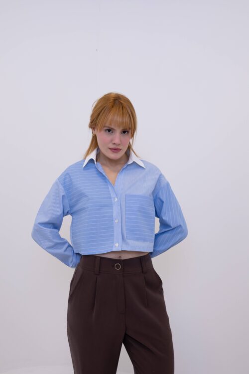Camisa Azul Listras Curta